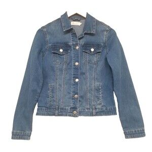 Nicasia Women's Sz M Blue Stretch Denim Jacket Long Sleeve Y2K Trucker Classic